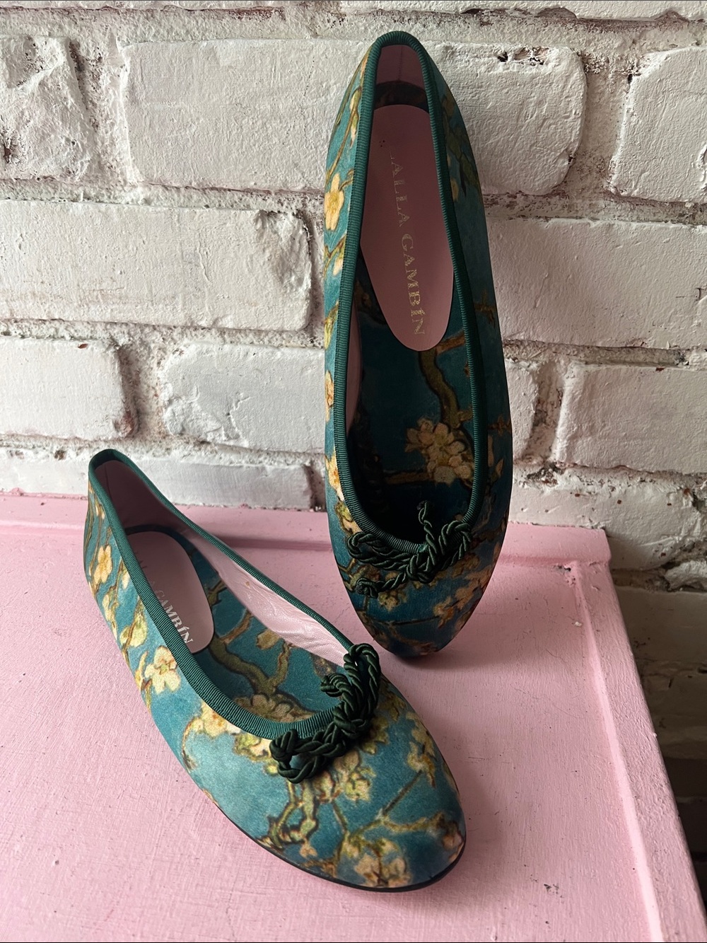 Leather teal Floral Ballet Flats Olalla Gambin with yellow pattern
